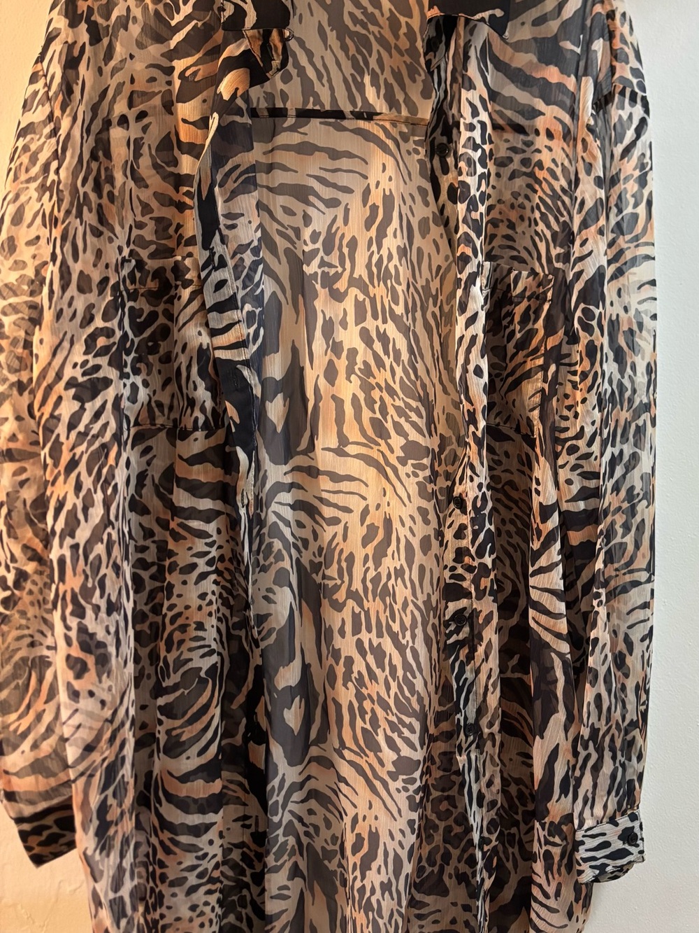 AKIRA Sheer Animal Print Button-Down Shirt in Black and Cream NWOT